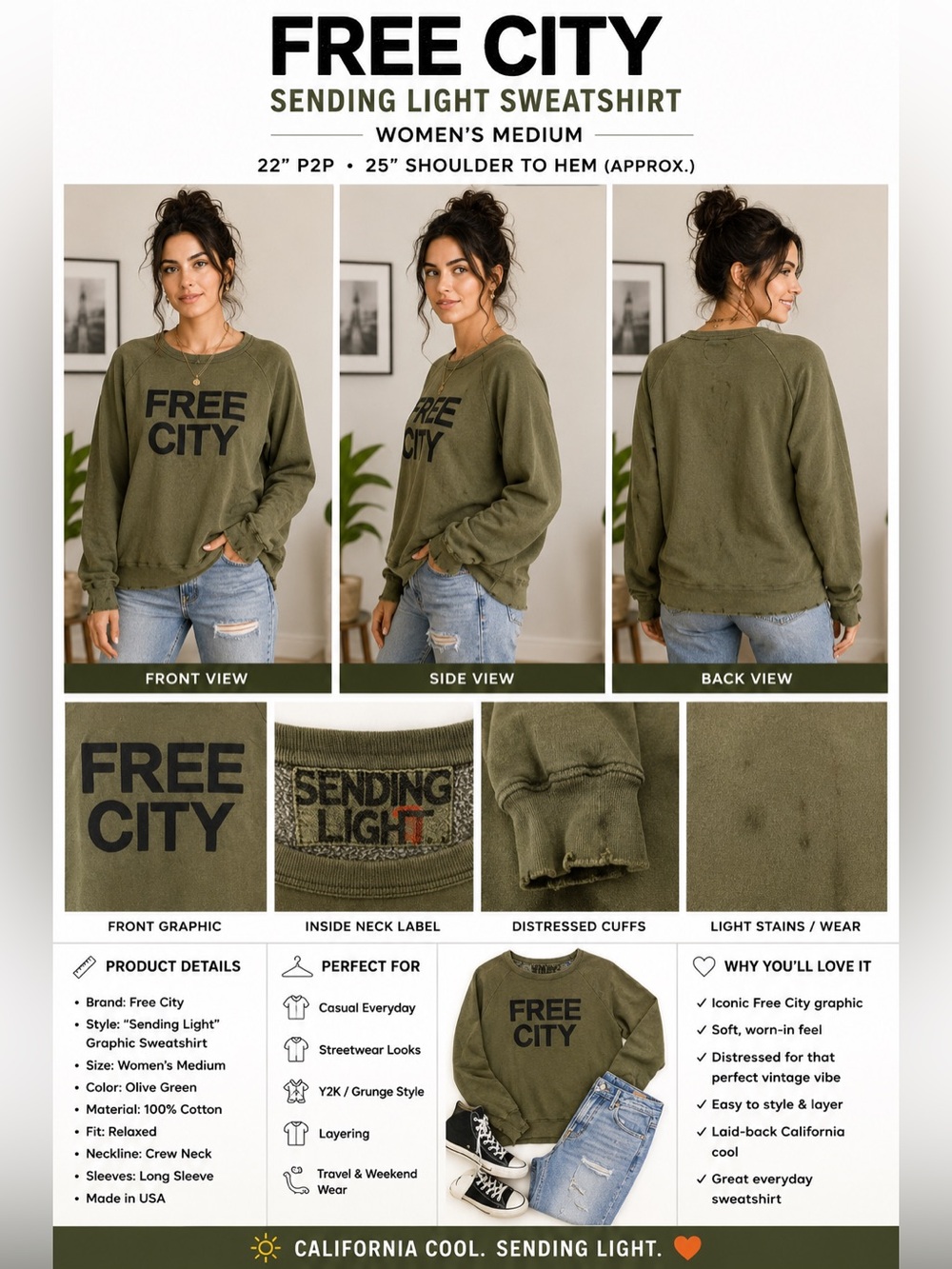 FreeCity Sending Light Sweatshirt Womens M Olive Green Distressed Graphic
